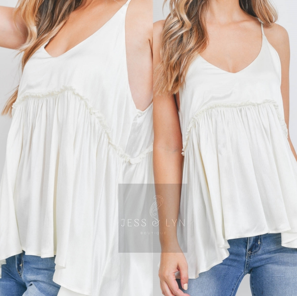 🆕Off White/Ivory Flowy Babydoll Boho Tank w/Adjustable Straps - Picture 2 of 14
